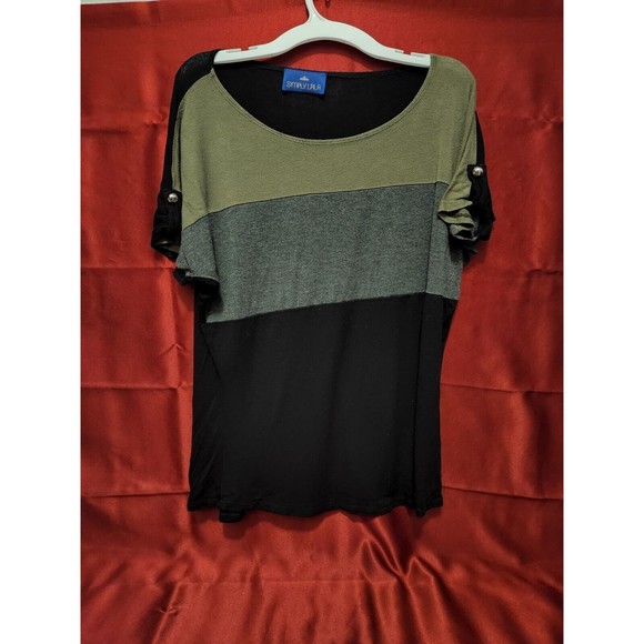 LALA Khaki Women's Size Large Blouse Black Gray Green Color Block Gold Button - Picture 2 of 6